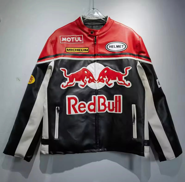Red Bull Retro Racing Embroidered Leather Jacket L