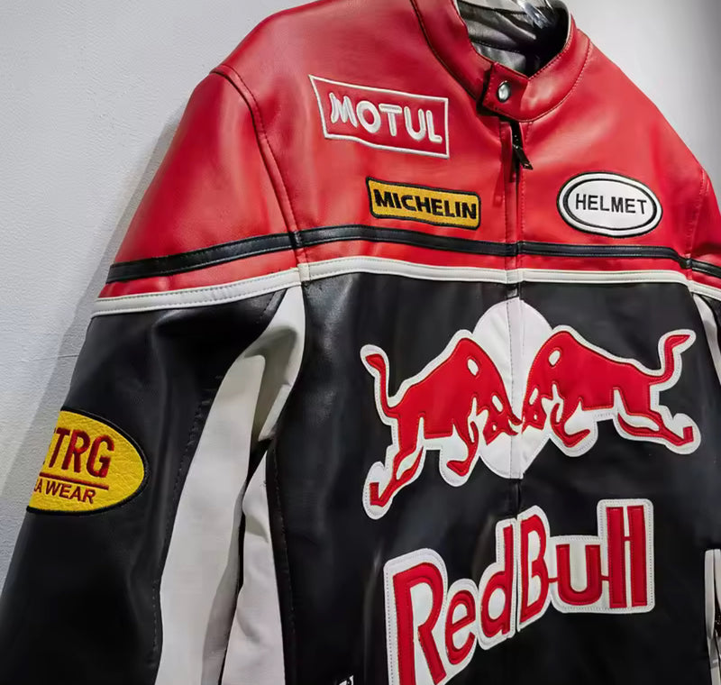 Red Bull Retro Racing Embroidered Leather Jacket L