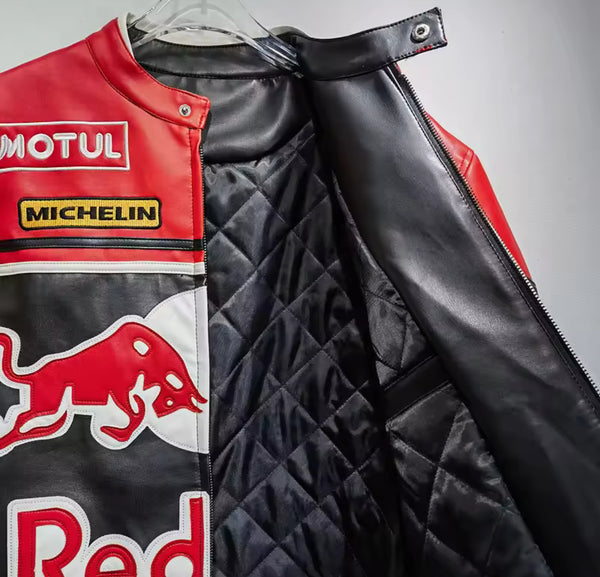Red Bull Retro Racing Embroidered Leather Jacket L